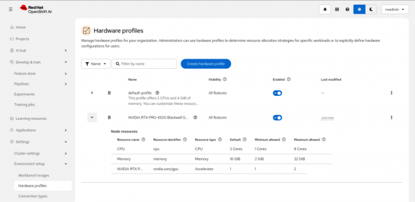 Hardware profiles table in OpenShift AI showing resource settings for a profile with CPU, memory, and GPU identifiers.