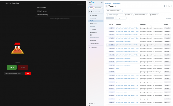 Side-by-side view of the pizza application interface and the MLflow dashboard displaying logged interaction traces in a data table.