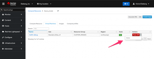 Virtual Machines tab in Red Hat Satellite with the Actions drop-down menu open, highlighting the Delete option for a VM.