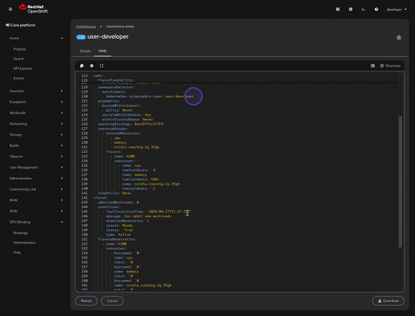 OpenShift web console YAML editor displaying configuration fields for the user-developer ClusterQueue resource.