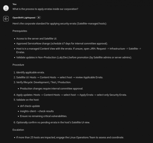 OpenShift Lightspeed chat output detailing internal corporate prerequisites, procedure, and escalation steps for applying errata.