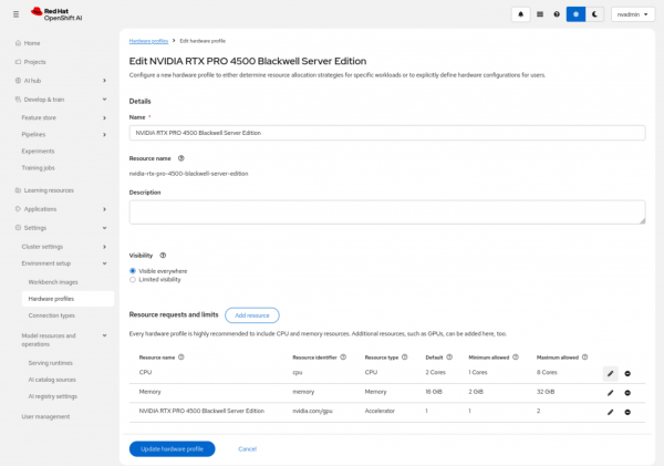 Hardware profiles list in Red Hat OpenShift AI showing the newly created NVIDIA RTX PRO 4500 Blackwell Server Edition profile as enabled.
