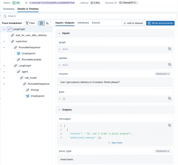 MLflow trace interface displaying a LangGraph execution tree breakdown on the left and details of input and output messages on the right.