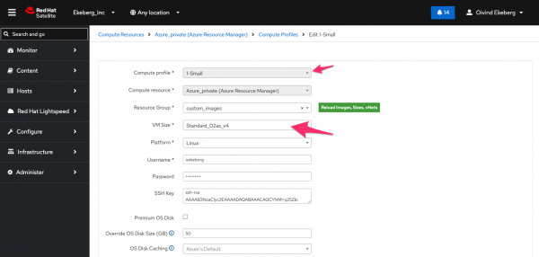 Red Hat Satellite compute profile form with dropdowns selected for a small profile and a standard Azure virtual machine size.