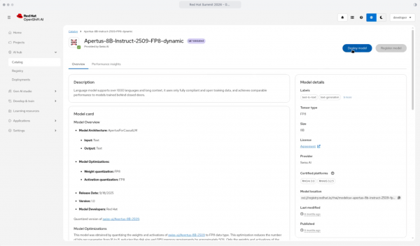 Model details page for Apertus-8B-Instruct in the Red Hat OpenShift AI catalog with a highlighted Deploy model button.