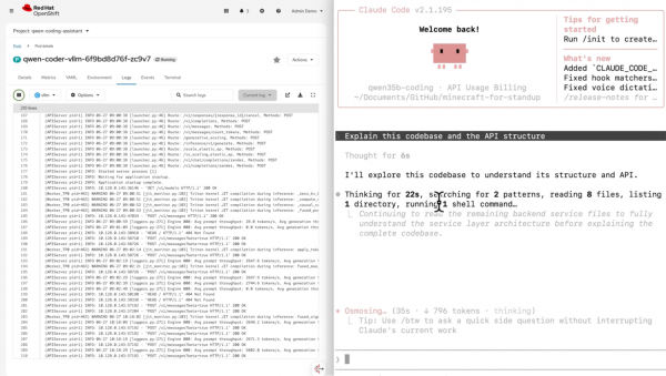 Split screen showing vLLM inference logs in OpenShift on the left and Claude Code analyzing a local code base on the right.