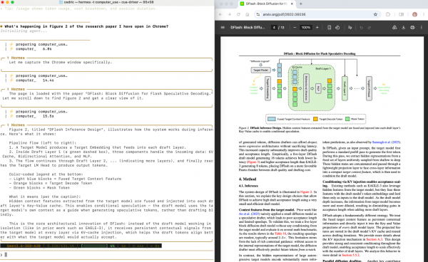 A split-screen workspace featuring the computer use agent terminal on the left and a DeepSeek research paper PDF on the right.