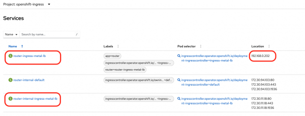 The Services list in the OpenShift console  displays the internal and external router-ingress services within the openshift-ingress project.