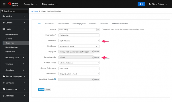 Create Host form in the Red Hat Satellite console with dropdown choices for Azure location and a small compute profile highlighted.