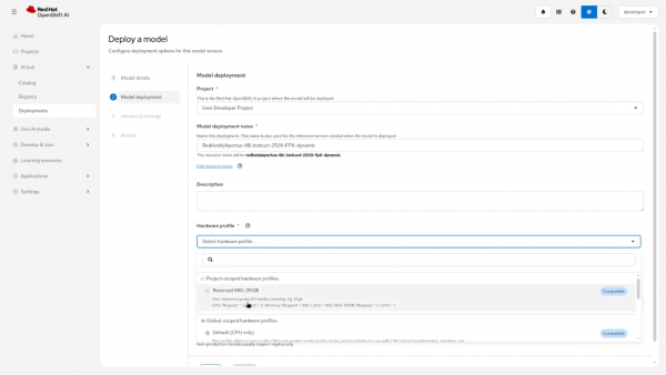 OpenShift AI model deployment page highlighting a dropdown menu with the reserved MIG-35GB hardware profile option.