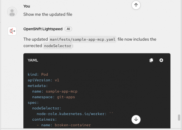 OpenShift Lightspeed chat showing a YAML manifest code block with the corrected worker nodeSelector.