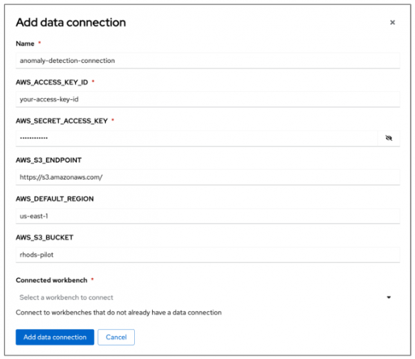 Figure 11: Configuring a new data connection in OpenShift Data Science.