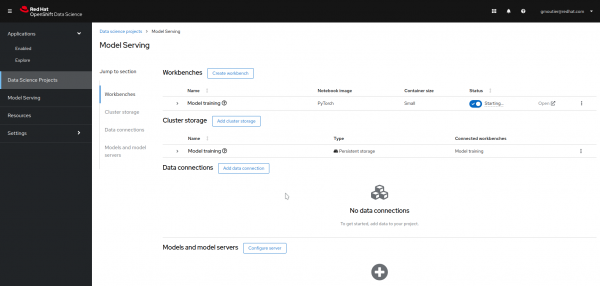 The Data Science Project (named “Model Serving”) in the Red Hat OpenShift Data Science dashboard.