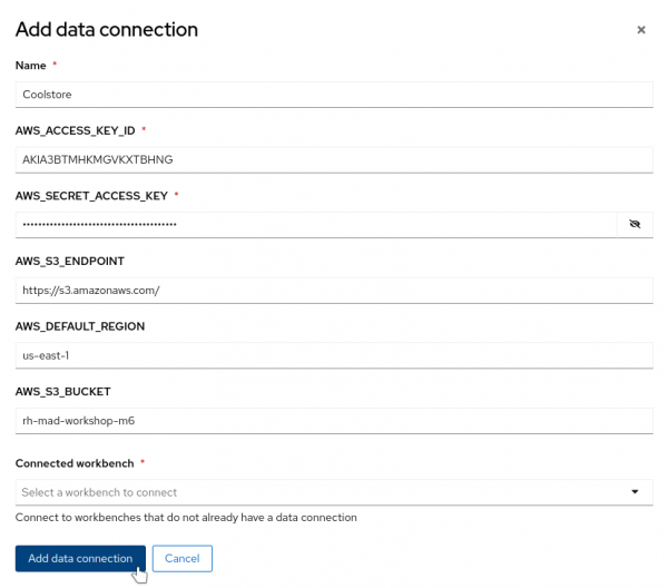 The configure data connection page.