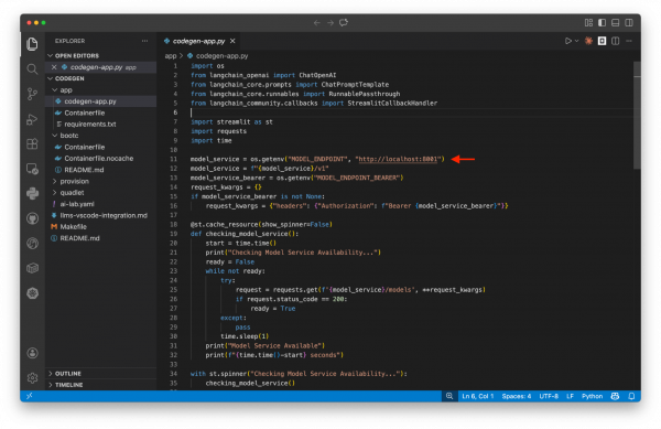 Python script code highlighting the MODEL_ENDPOINT environment variable configured to a localhost URL.