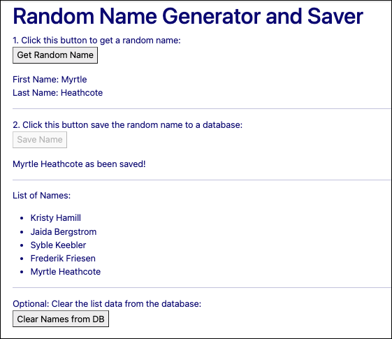 The Node.JS demonstration application allows users to get, store and list random names.