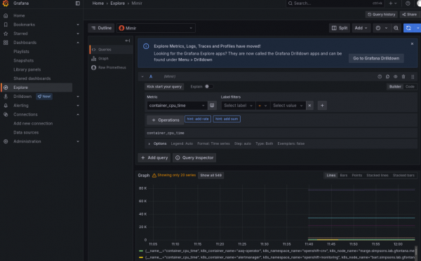 A screenshot of the Grafana Explore feature, with Mimir data source.