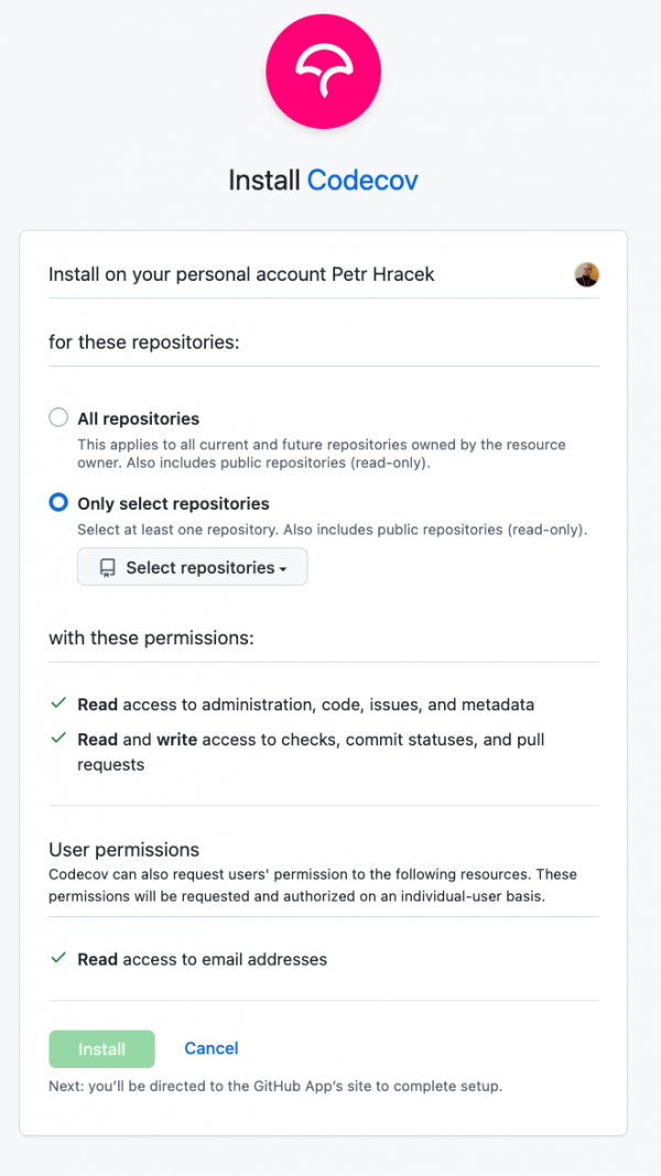 Installing Codecov to GitHub repo or organization.