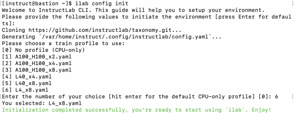 Screenshot of terminal for initalizing InstructLab