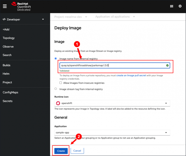 Figure 4: You declare the container image repository and container image in the OpenShift Deploy Image web page.