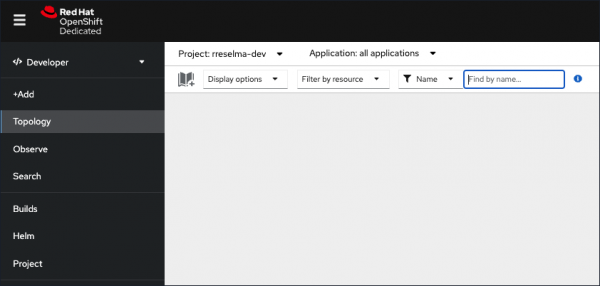 Figure 5: When an application is deleted using the oc CLI tool, it will no longer appear as a circular graphic is the Topology page of the OpenShift web console.