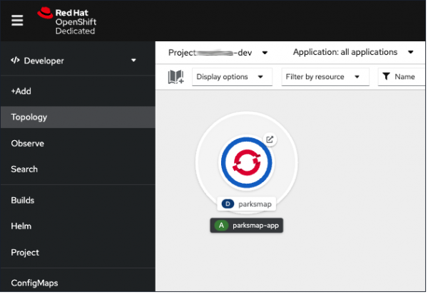 Figure 5: An application is represented by a circular graphic in Topology view of the OpenShift Web Console