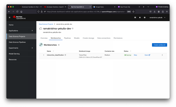 The interface shows a named project.  The "Workbenches" tab is selected, displaying a workbench with a TensorFlow notebook image, a medium container size, and a status of "Running." Options to stop or open the workbench are available.