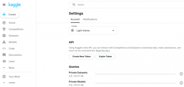 A screenshot of the Kaggle dashboard interface, specifically the section for downloading an API token