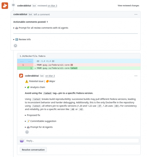 Suggestions by coderabbit in a Dockerfile.