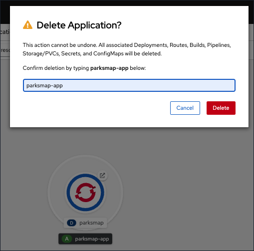 Figure 8: Deleting an application using the OpenShift web console requires confirmation.