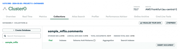 MongoDB Atlas WebUI Browse Database Collections View