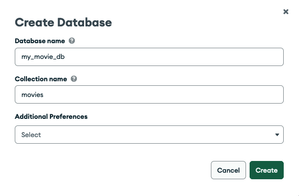 MongoDB Atlas WebUI Create New Database Form