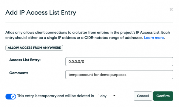 MongoDB Atlas WebUI Network Access Add IP List Entry