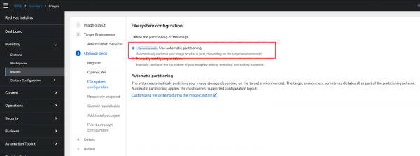 Selecting partition option in RHEL image creation wizard.