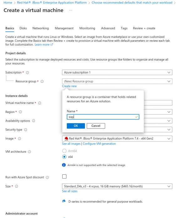 The JBoss EAP on Azure Marketplace create virtual machine page.