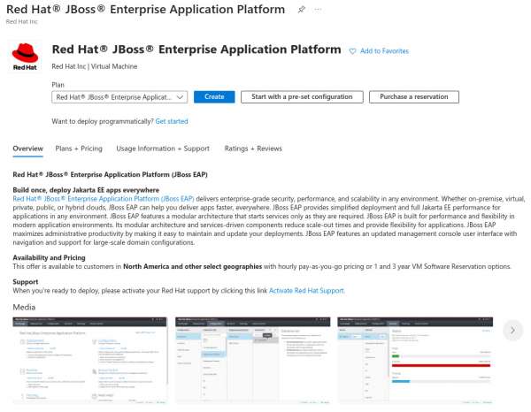This screen shows the JBoss EAP on Azure Marketplace portal page.