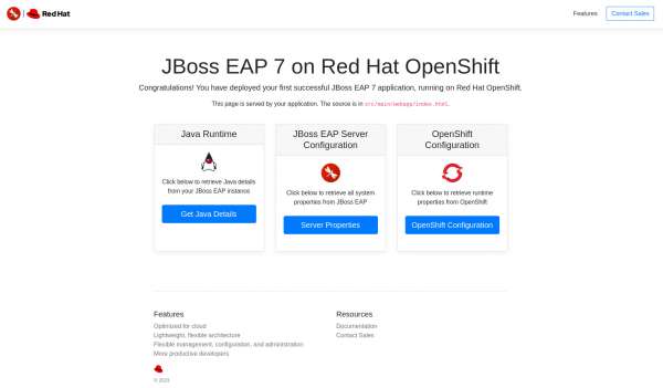 The screen shows successful deployment of JBoss EAP application deployment on OpenShift.