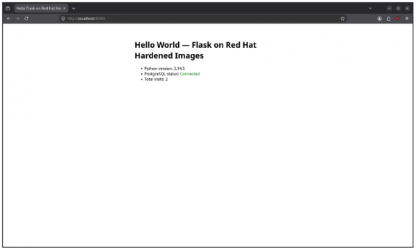 An browser window displaying localhost showing a Hello World message.