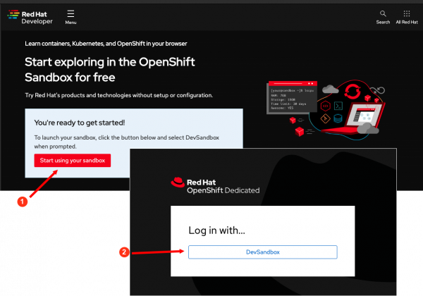 The windows that appear when the process is complete for accessing an OpenShift Developer Sandbox