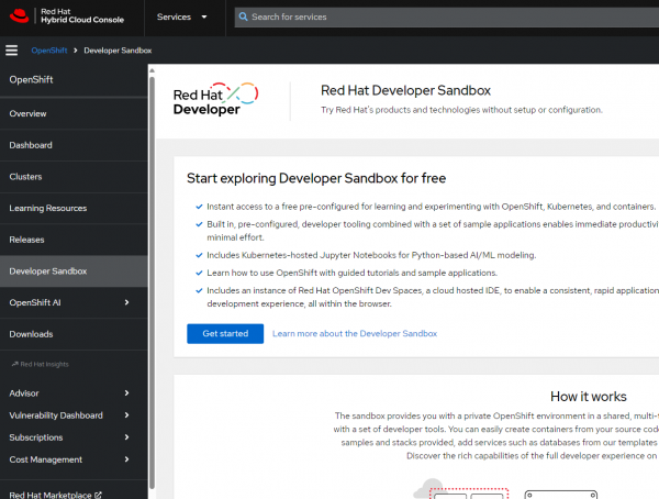 Alt text: The Hybrid Cloud Console is shown with the prompt to get started with developer sandbox and a description of how developer sandbox works. The user can click the get started button to begin.