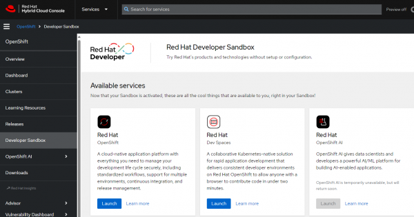 The Developer Sandbox web page is shown, listing the available services for the user. The services listed are: Red Hat OpenShift, Red Hat Dev Spaces, and Red Hat OpenShift AI. Each option has a button to launch the service.