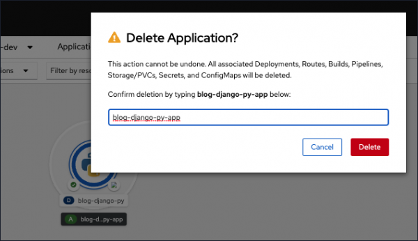 Deleting an application requires confirmation.
