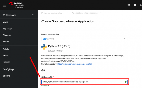 Create an Application under Source-to-Image by declaring a URL to the intended application’s source code.