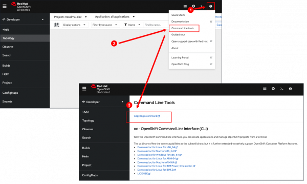 Access Command line tools by clicking the question mark in the upper right corner of the OpenShift web console.