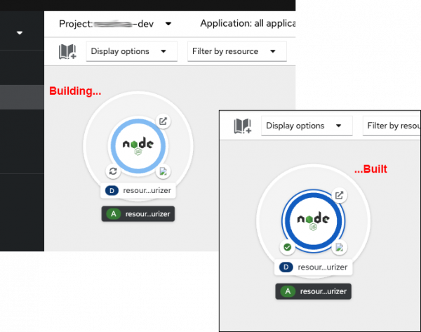 A light blue circle indicates that the application is building; a dark blue circle indicates the build is complete.