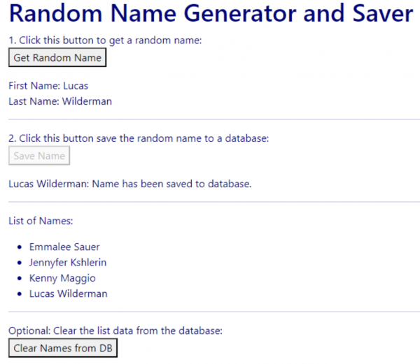 The Node.js demonstration application generates a random name on demand and then adds the name to a list of names stored in the MongoDB database.