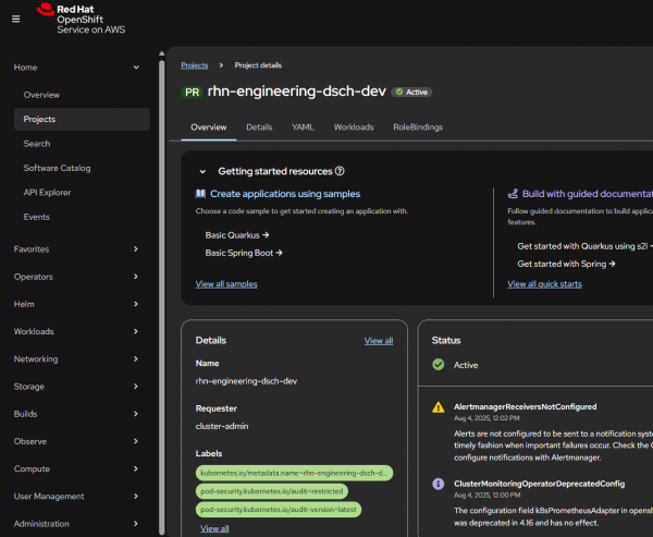 The Administrator perspective shows an expanded set of details associated with a project.