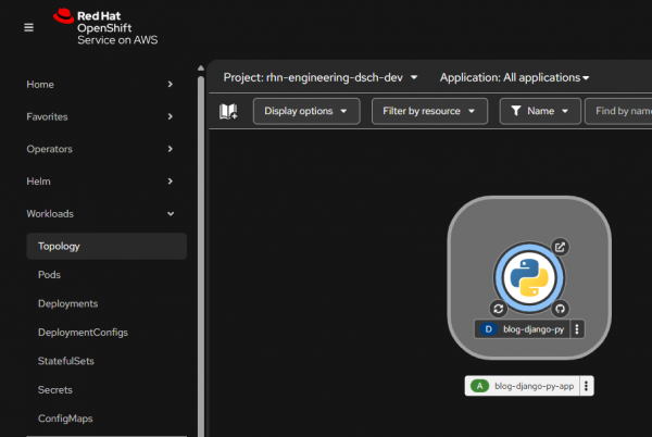 An application’s status will change from build (light-blue circle) to running (dark-blue circle) in Topology view.