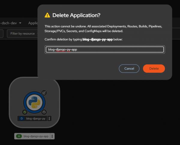 Deleting an application requires confirmation.