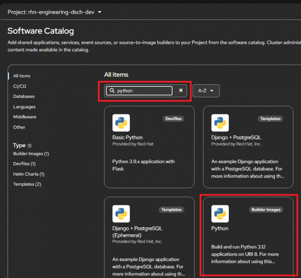 The Developer Catalog search feature.